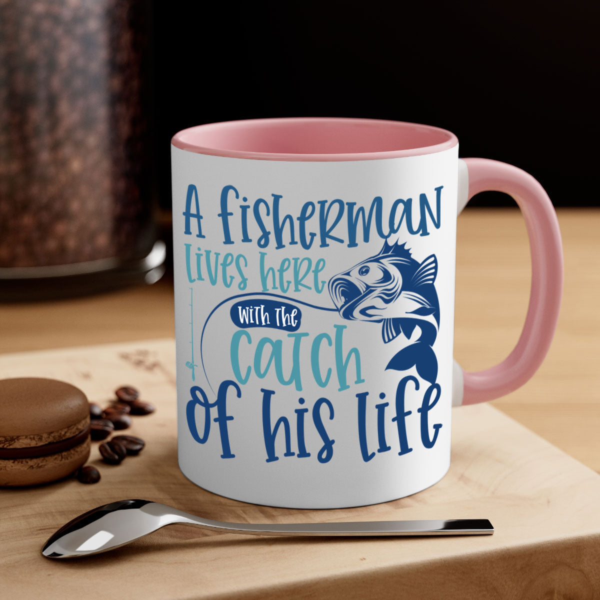 A stylish two-tone ceramic coffee mug featuring a fisherman theme, available in multiple colors with a glossy finish.