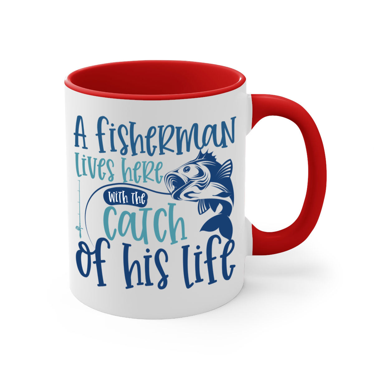 A stylish two-tone ceramic coffee mug featuring a fisherman theme, available in multiple colors with a glossy finish.