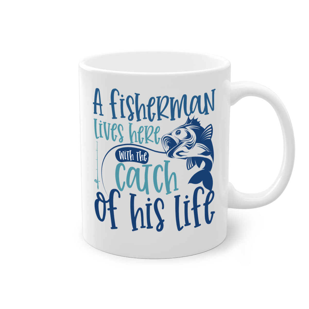 A stylish two-tone ceramic coffee mug featuring a fisherman theme, available in multiple colors with a glossy finish.