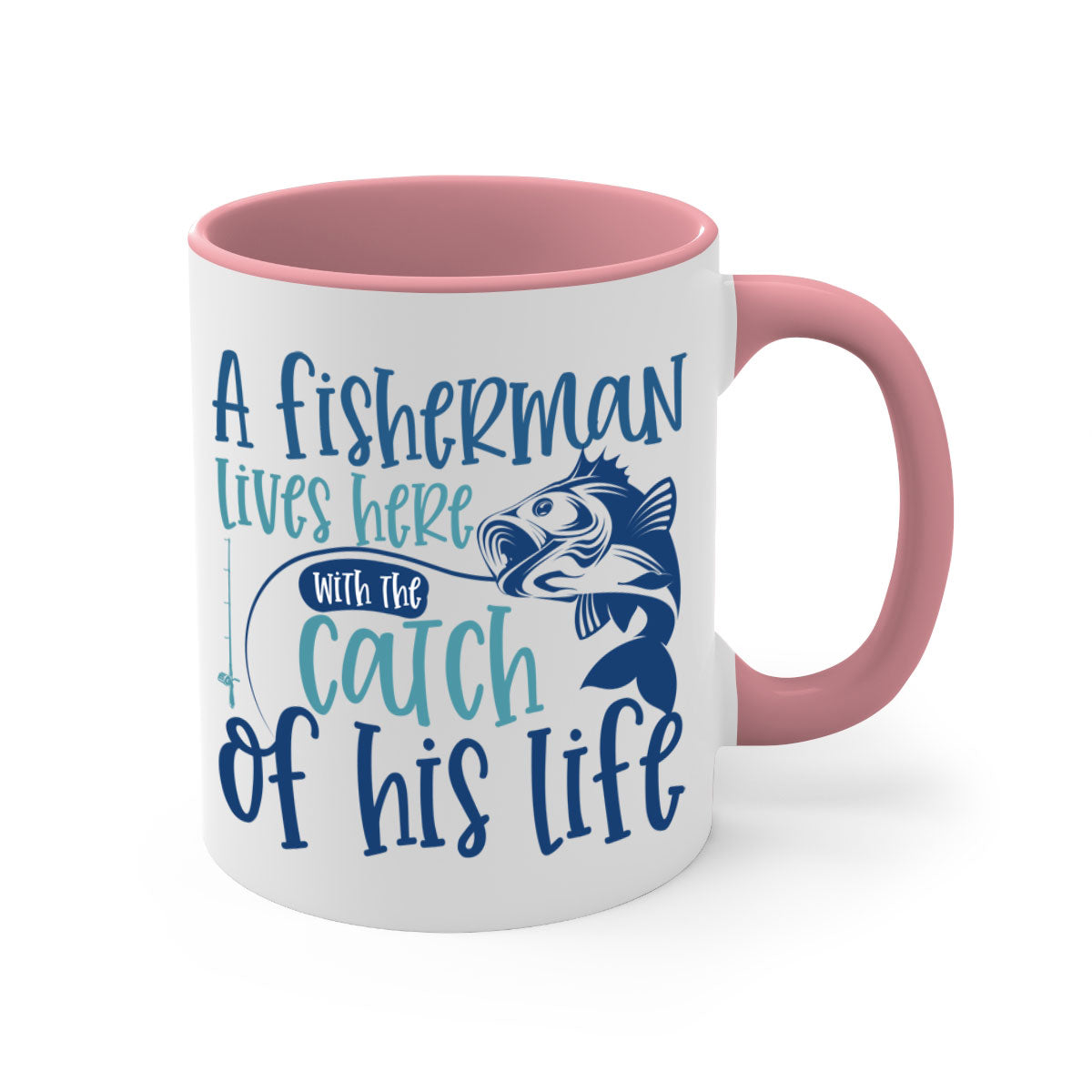 A stylish two-tone ceramic coffee mug featuring a fisherman theme, available in multiple colors with a glossy finish.