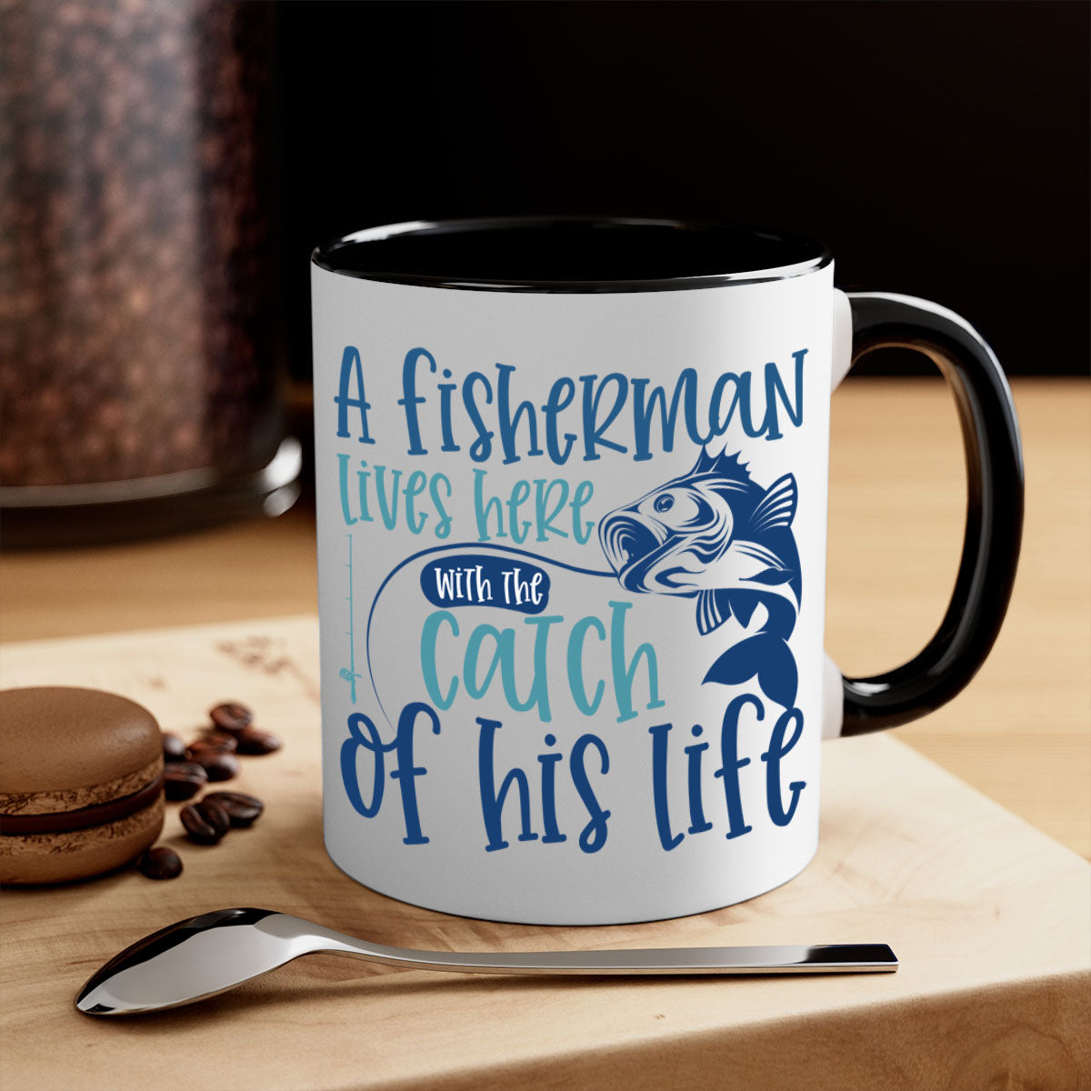 A stylish two-tone ceramic coffee mug featuring a fisherman theme, available in multiple colors with a glossy finish.