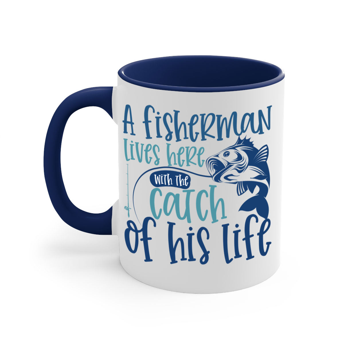 A stylish two-tone ceramic coffee mug featuring a fisherman theme, available in multiple colors with a glossy finish.