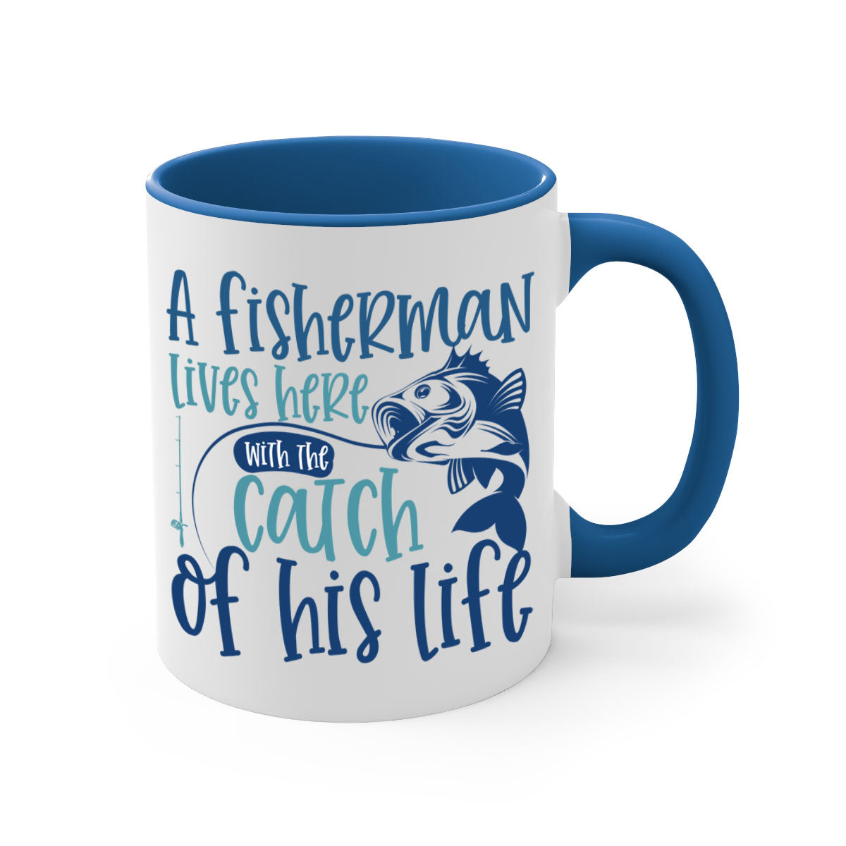 A stylish two-tone ceramic coffee mug featuring a fisherman theme, available in multiple colors with a glossy finish.