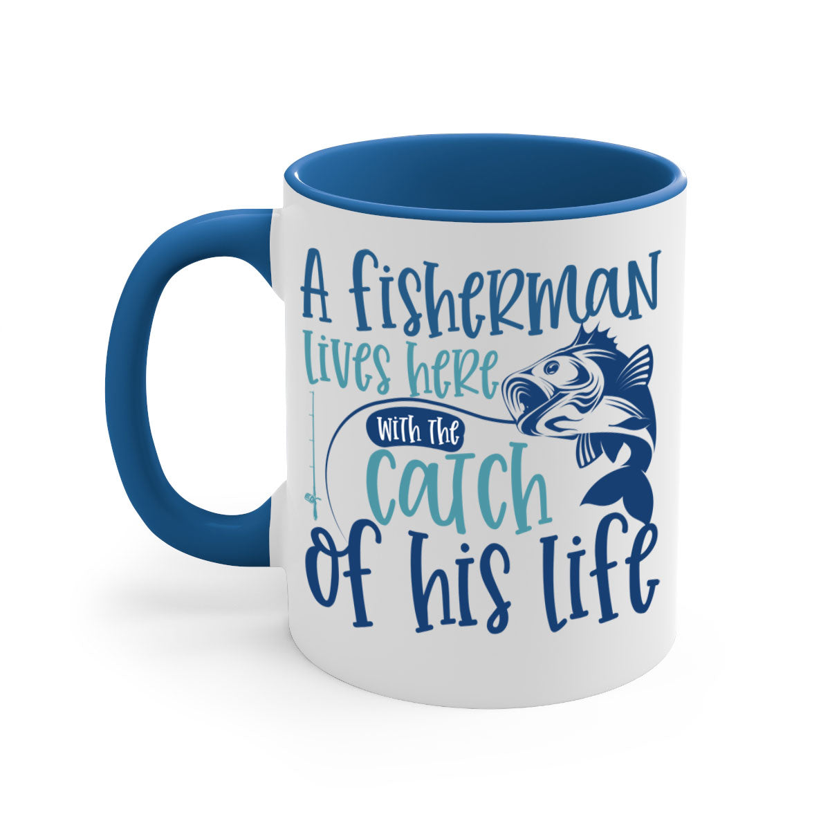A stylish two-tone ceramic coffee mug featuring a fisherman theme, available in multiple colors with a glossy finish.