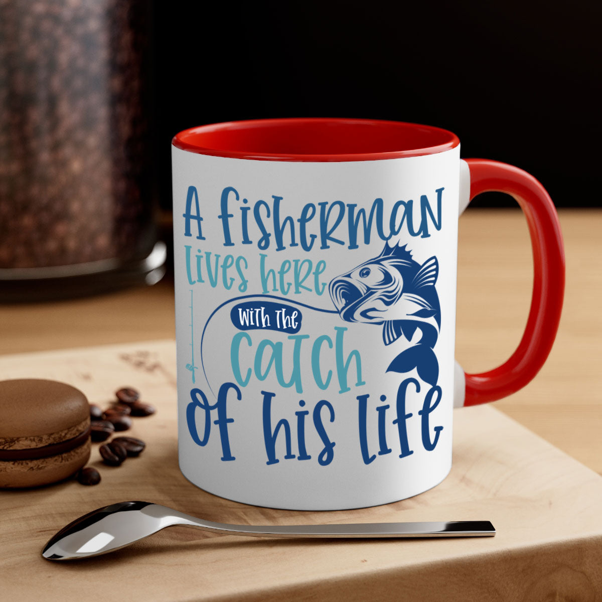 A stylish two-tone ceramic coffee mug featuring a fisherman theme, available in multiple colors with a glossy finish.