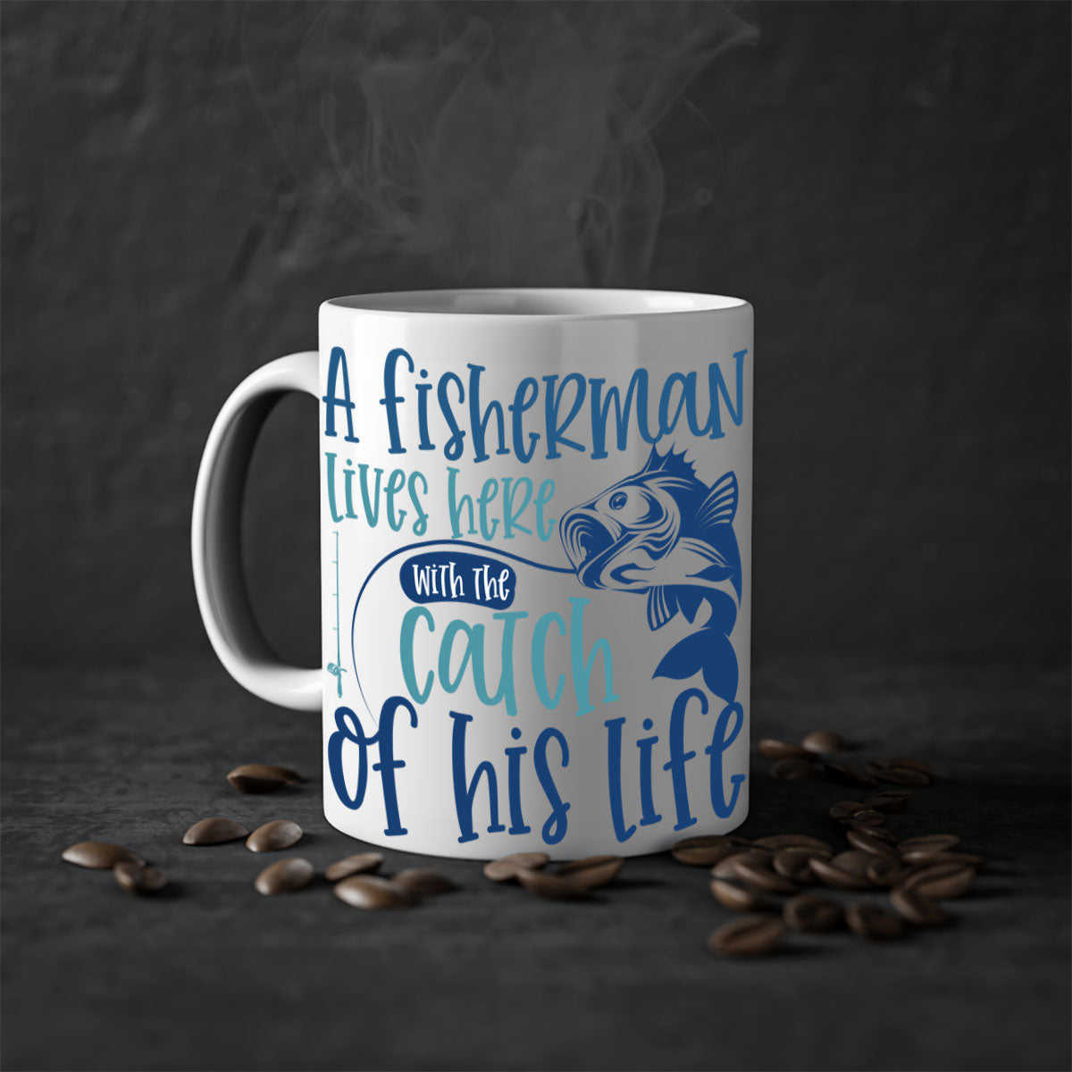 A stylish two-tone ceramic coffee mug featuring a fisherman theme, available in multiple colors with a glossy finish.