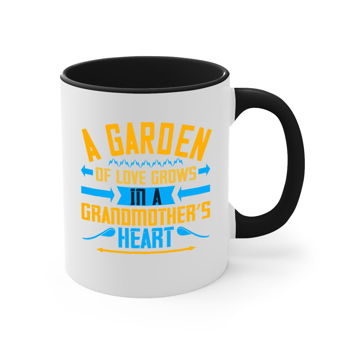 A two-tone ceramic mug featuring the phrase 'A garden of love grows in a grandmother’s heart' with a glossy finish and colored handle.