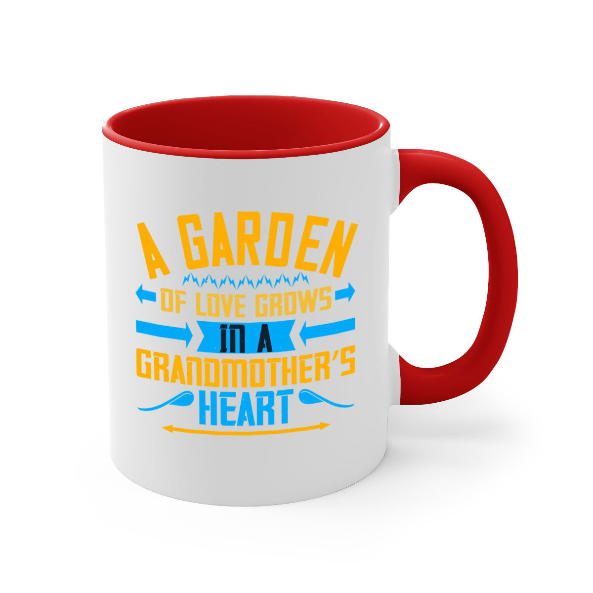 A two-tone ceramic mug featuring the phrase 'A garden of love grows in a grandmother’s heart' with a glossy finish and colored handle.