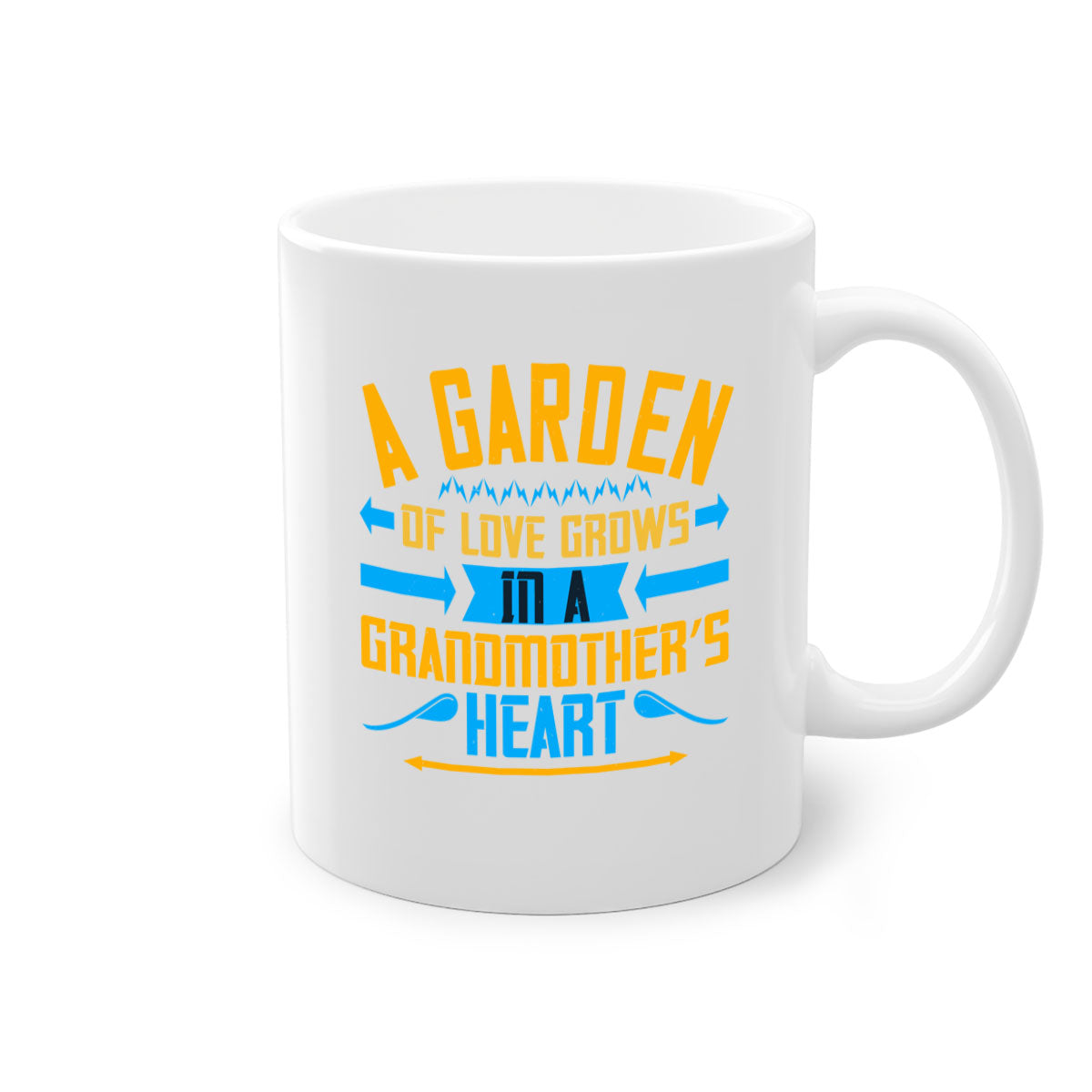 A two-tone ceramic mug featuring the phrase 'A garden of love grows in a grandmother’s heart' with a glossy finish and colored handle.