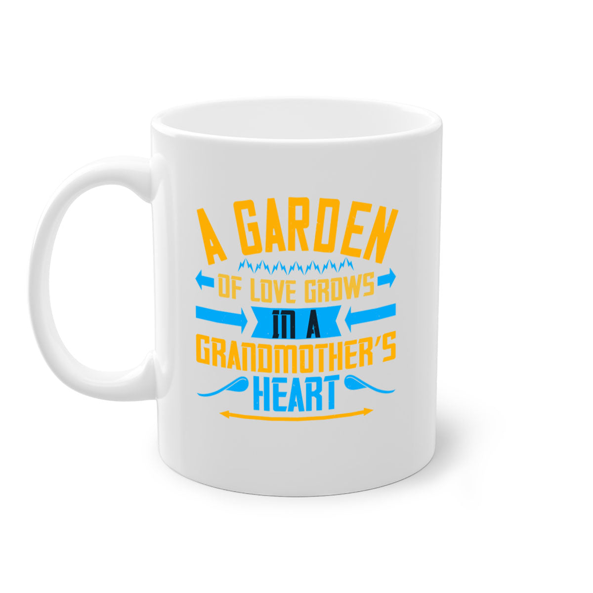 A two-tone ceramic mug featuring the phrase 'A garden of love grows in a grandmother’s heart' with a glossy finish and colored handle.