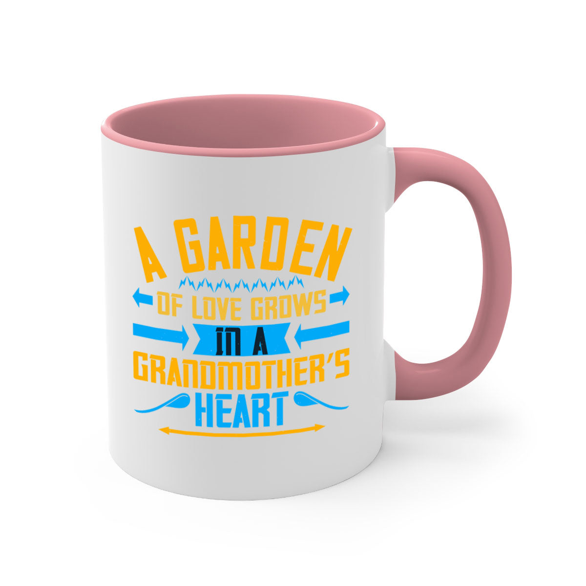 A two-tone ceramic mug featuring the phrase 'A garden of love grows in a grandmother’s heart' with a glossy finish and colored handle.