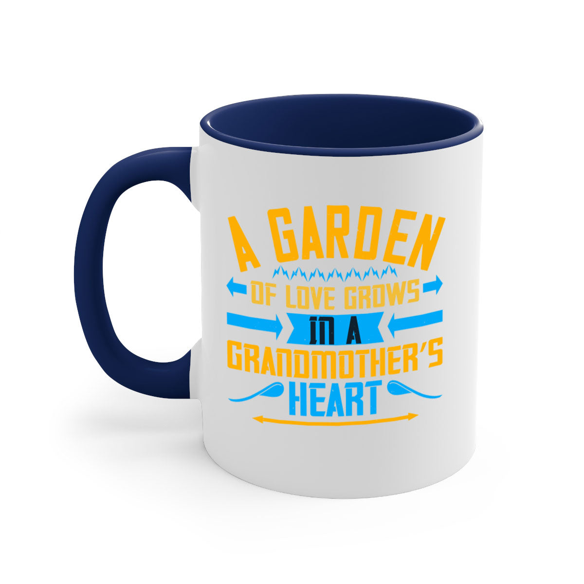 A two-tone ceramic mug featuring the phrase 'A garden of love grows in a grandmother’s heart' with a glossy finish and colored handle.