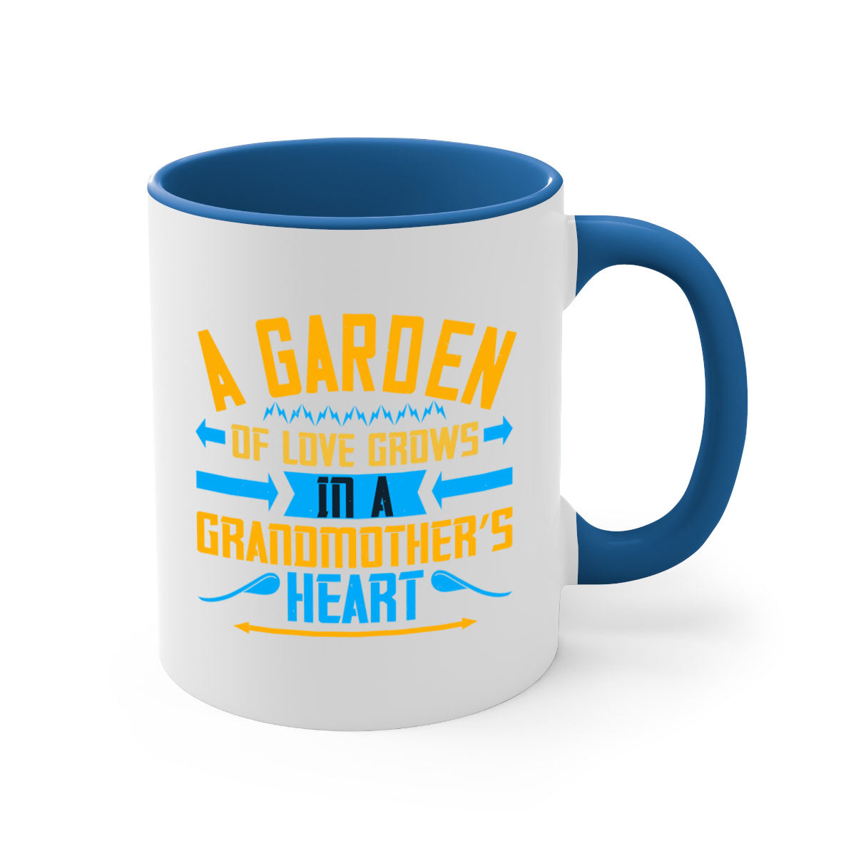 A two-tone ceramic mug featuring the phrase 'A garden of love grows in a grandmother’s heart' with a glossy finish and colored handle.