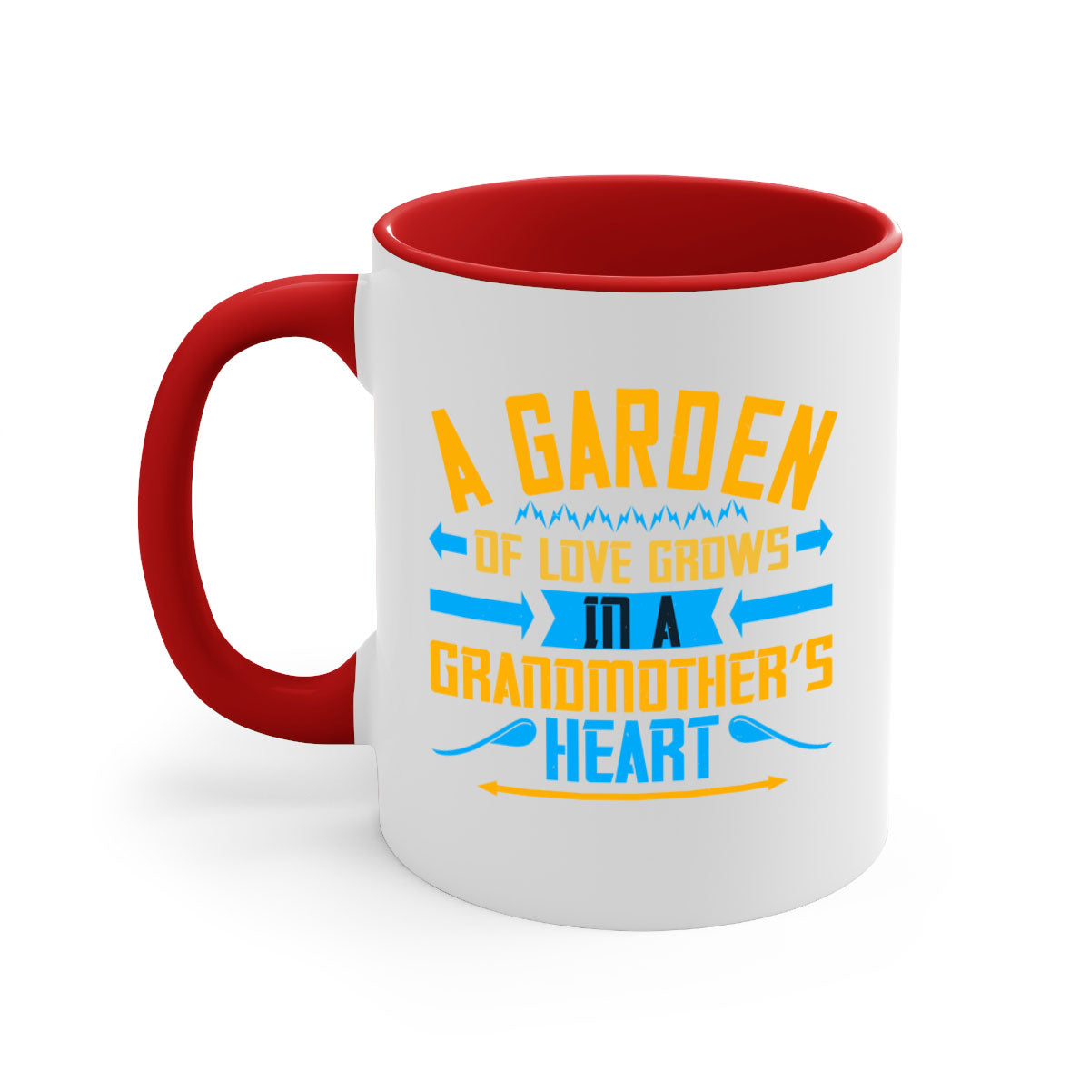 A two-tone ceramic mug featuring the phrase 'A garden of love grows in a grandmother’s heart' with a glossy finish and colored handle.