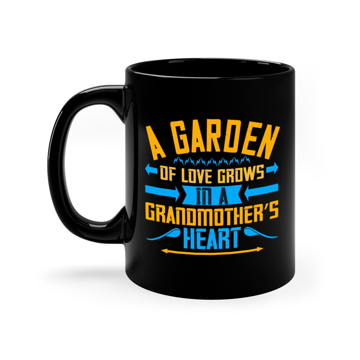 A two-tone ceramic mug featuring the phrase 'A garden of love grows in a grandmother’s heart' with a glossy finish and colored handle.