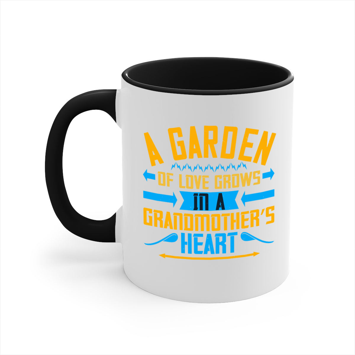 A two-tone ceramic mug featuring the phrase 'A garden of love grows in a grandmother’s heart' with a glossy finish and colored handle.