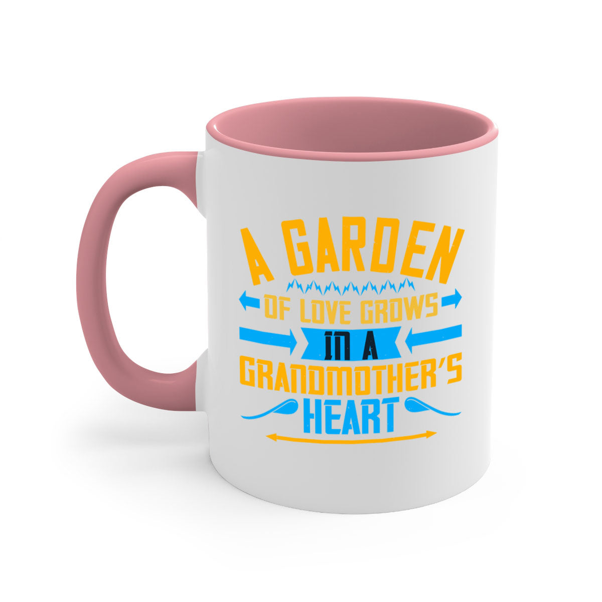A two-tone ceramic mug featuring the phrase 'A garden of love grows in a grandmother’s heart' with a glossy finish and colored handle.