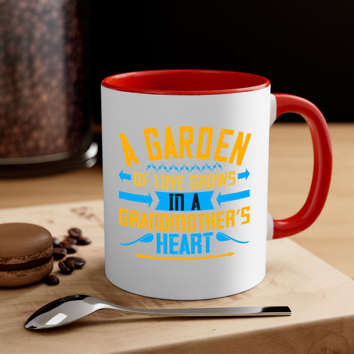 A two-tone ceramic mug featuring the phrase 'A garden of love grows in a grandmother’s heart' with a glossy finish and colored handle.