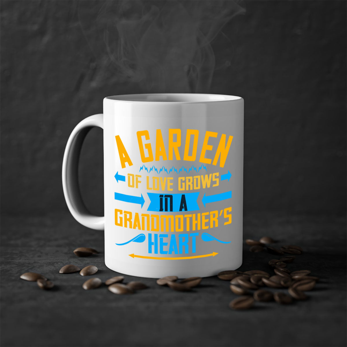 A two-tone ceramic mug featuring the phrase 'A garden of love grows in a grandmother’s heart' with a glossy finish and colored handle.