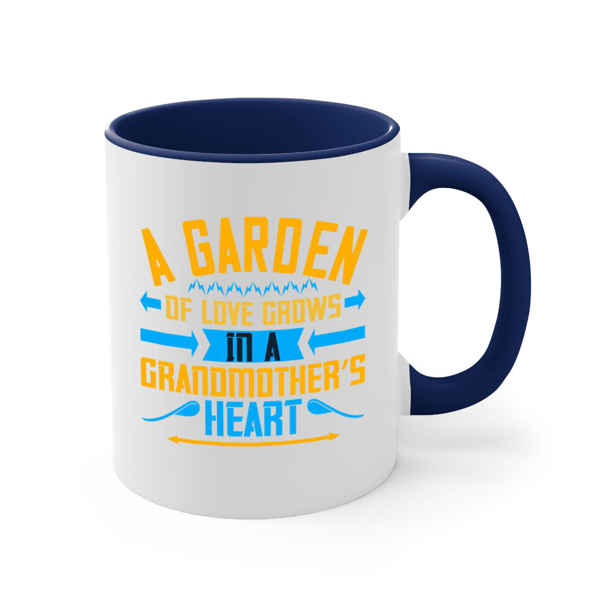 A two-tone ceramic mug featuring the phrase 'A garden of love grows in a grandmother’s heart' with a glossy finish and colored handle.