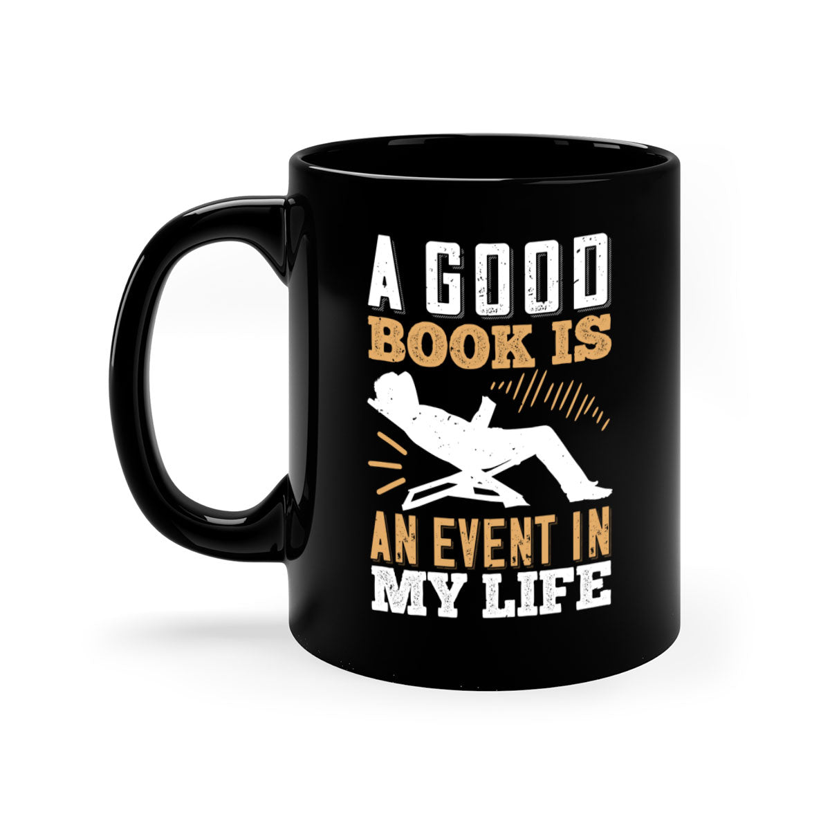 A stylish two-tone ceramic mug with a colored handle and interior, featuring the phrase 'A Good Book is an Event in My Life'.