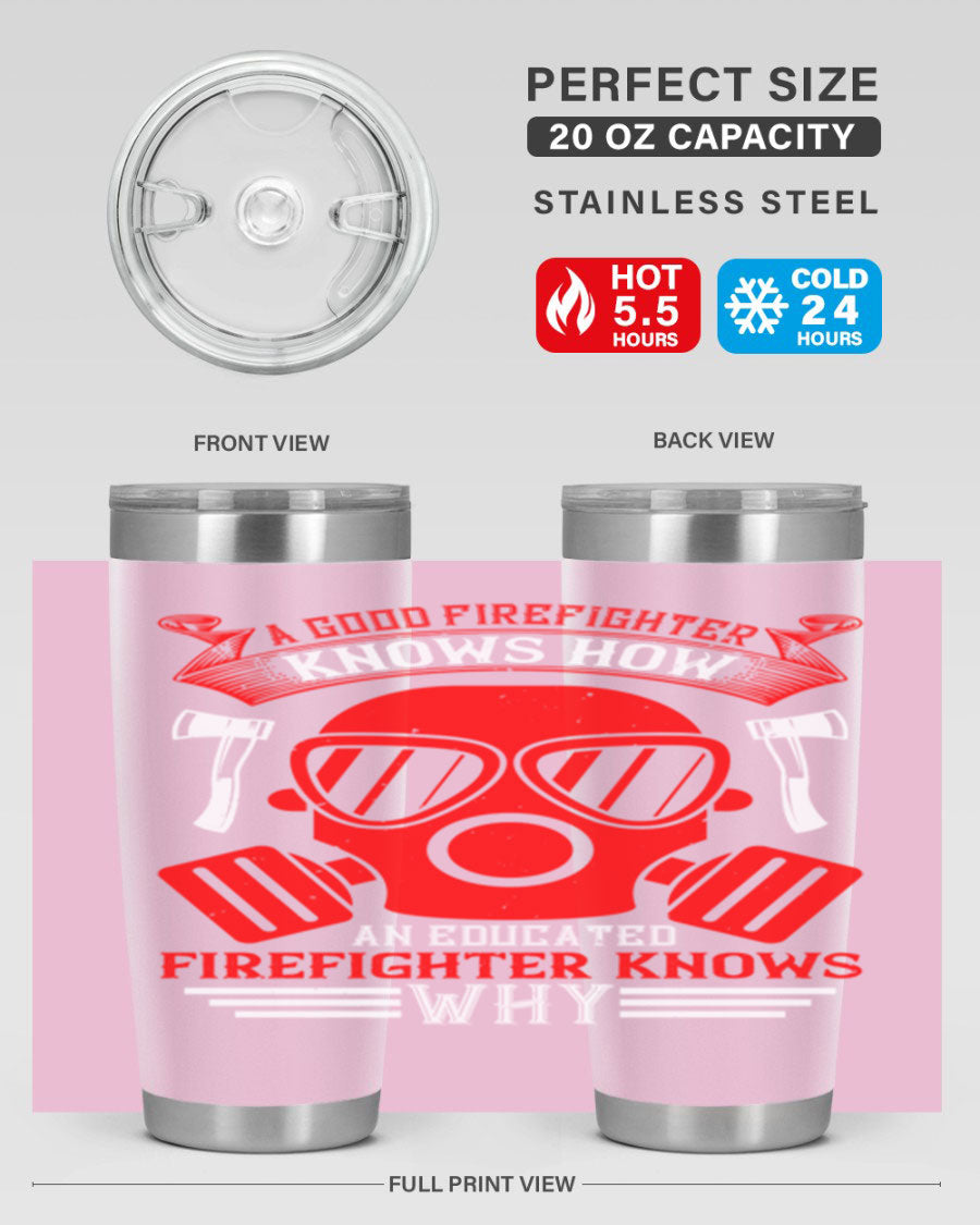 Firefighter-themed 20oz and 30oz stainless steel tumblers with double wall vacuum insulation and drink-thru lid.