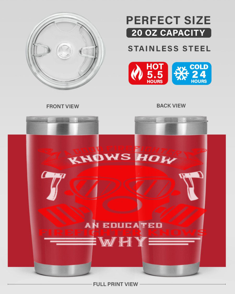 Firefighter-themed 20oz and 30oz stainless steel tumblers with double wall vacuum insulation and drink-thru lid.