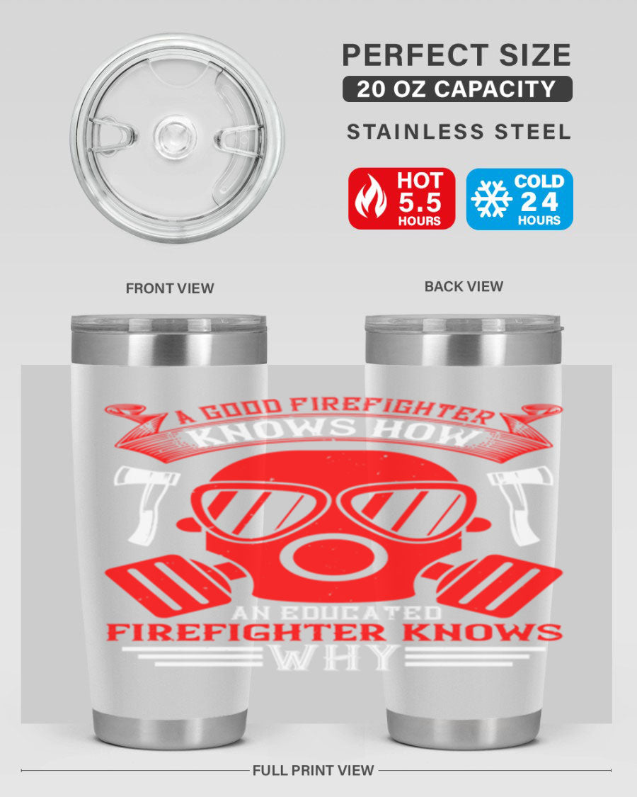 Firefighter-themed 20oz and 30oz stainless steel tumblers with double wall vacuum insulation and drink-thru lid.