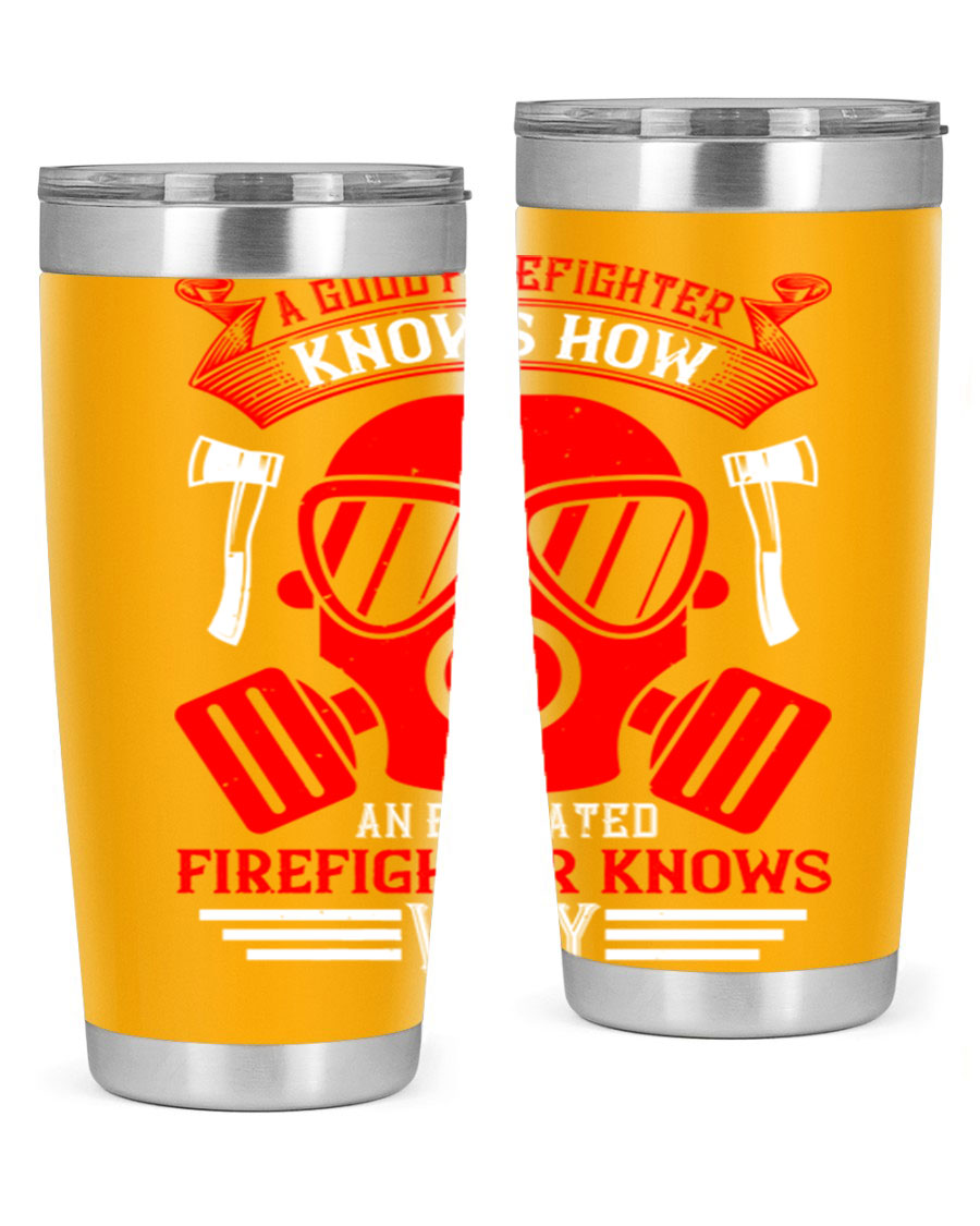 Firefighter-themed 20oz and 30oz stainless steel tumblers with double wall vacuum insulation and drink-thru lid.