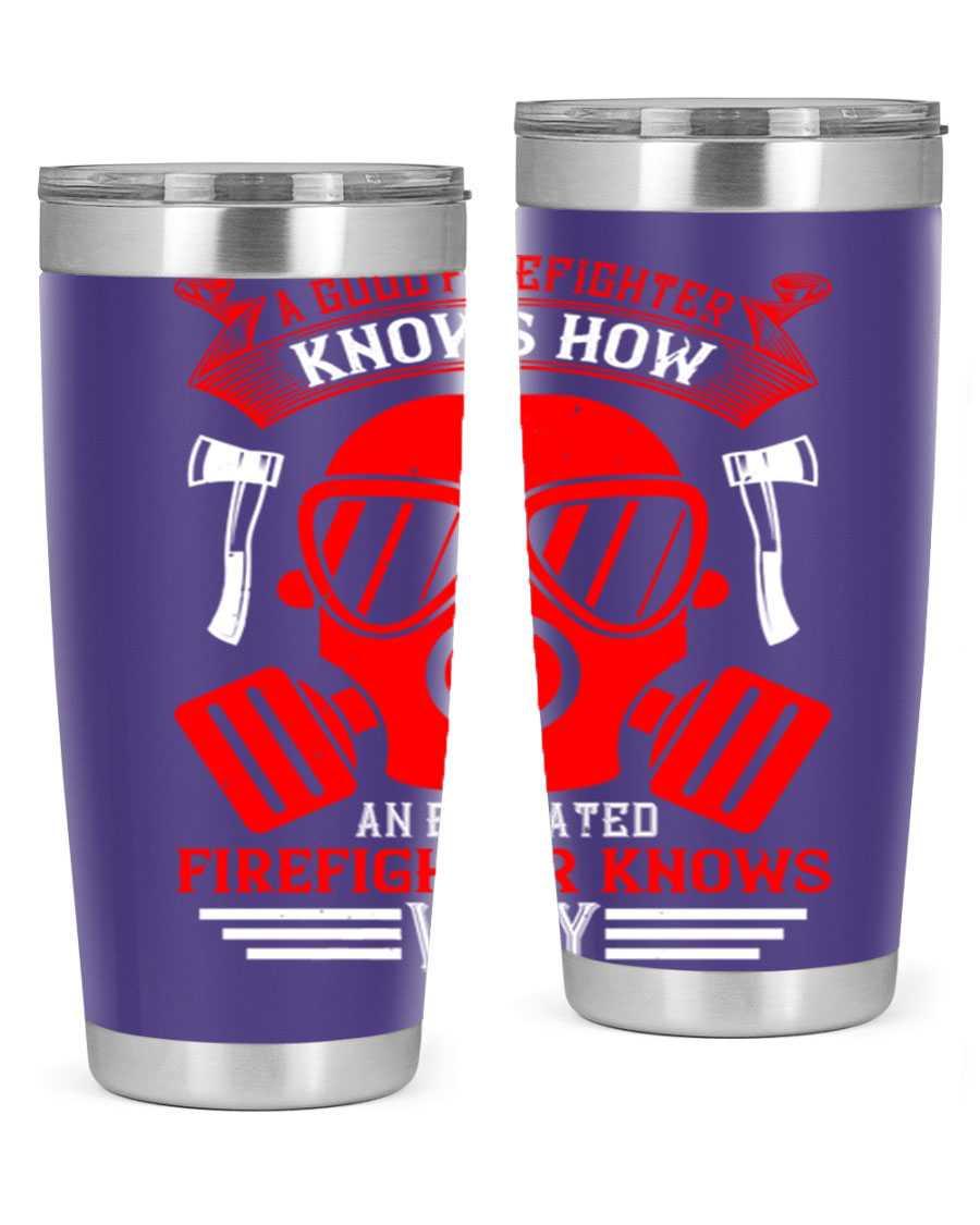 Firefighter-themed 20oz and 30oz stainless steel tumblers with double wall vacuum insulation and drink-thru lid.