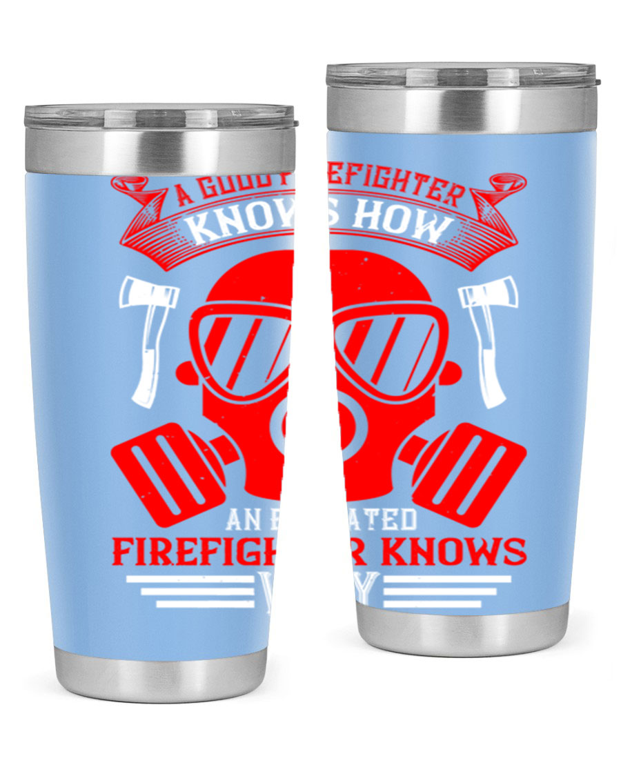 Firefighter-themed 20oz and 30oz stainless steel tumblers with double wall vacuum insulation and drink-thru lid.