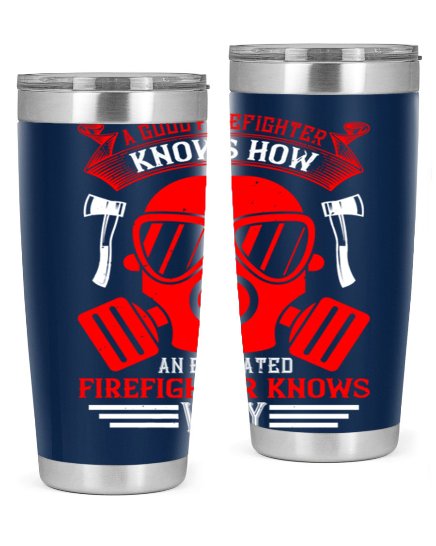 Firefighter-themed 20oz and 30oz stainless steel tumblers with double wall vacuum insulation and drink-thru lid.