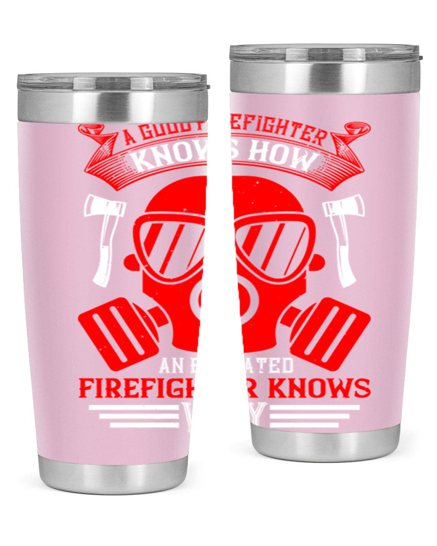 Firefighter-themed 20oz and 30oz stainless steel tumblers with double wall vacuum insulation and drink-thru lid.