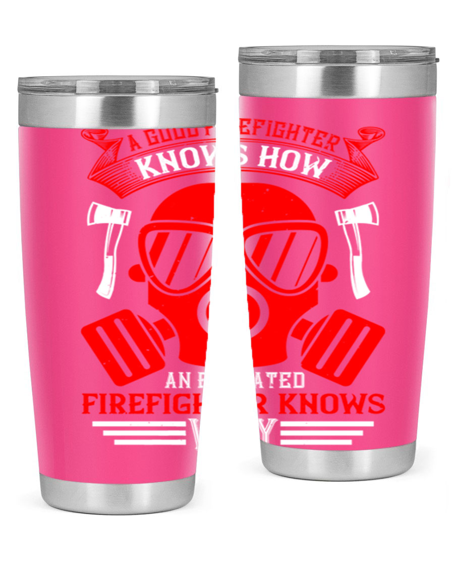 Firefighter-themed 20oz and 30oz stainless steel tumblers with double wall vacuum insulation and drink-thru lid.