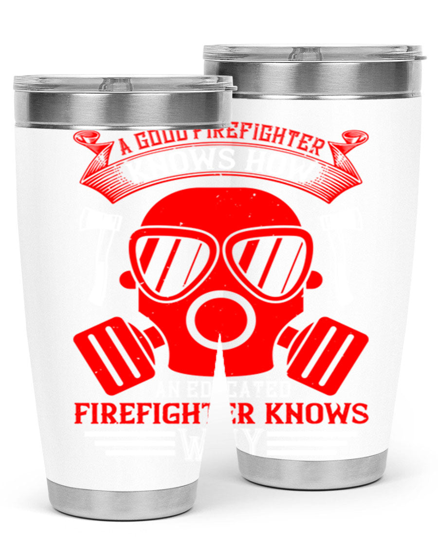 Firefighter-themed 20oz and 30oz stainless steel tumblers with double wall vacuum insulation and drink-thru lid.
