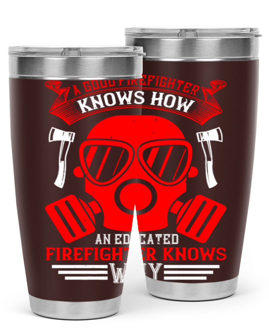 Firefighter-themed 20oz and 30oz stainless steel tumblers with double wall vacuum insulation and drink-thru lid.