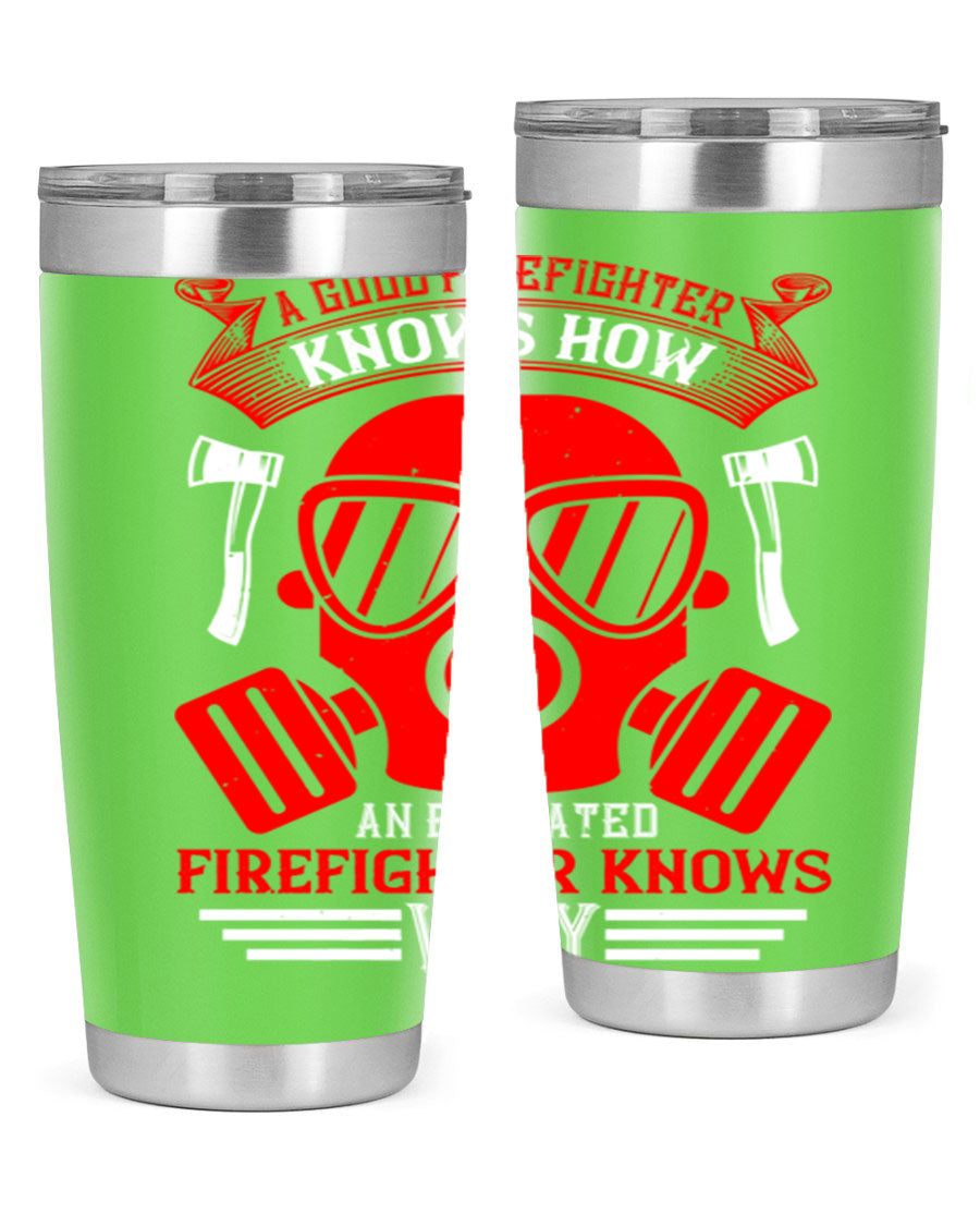 Firefighter-themed 20oz and 30oz stainless steel tumblers with double wall vacuum insulation and drink-thru lid.
