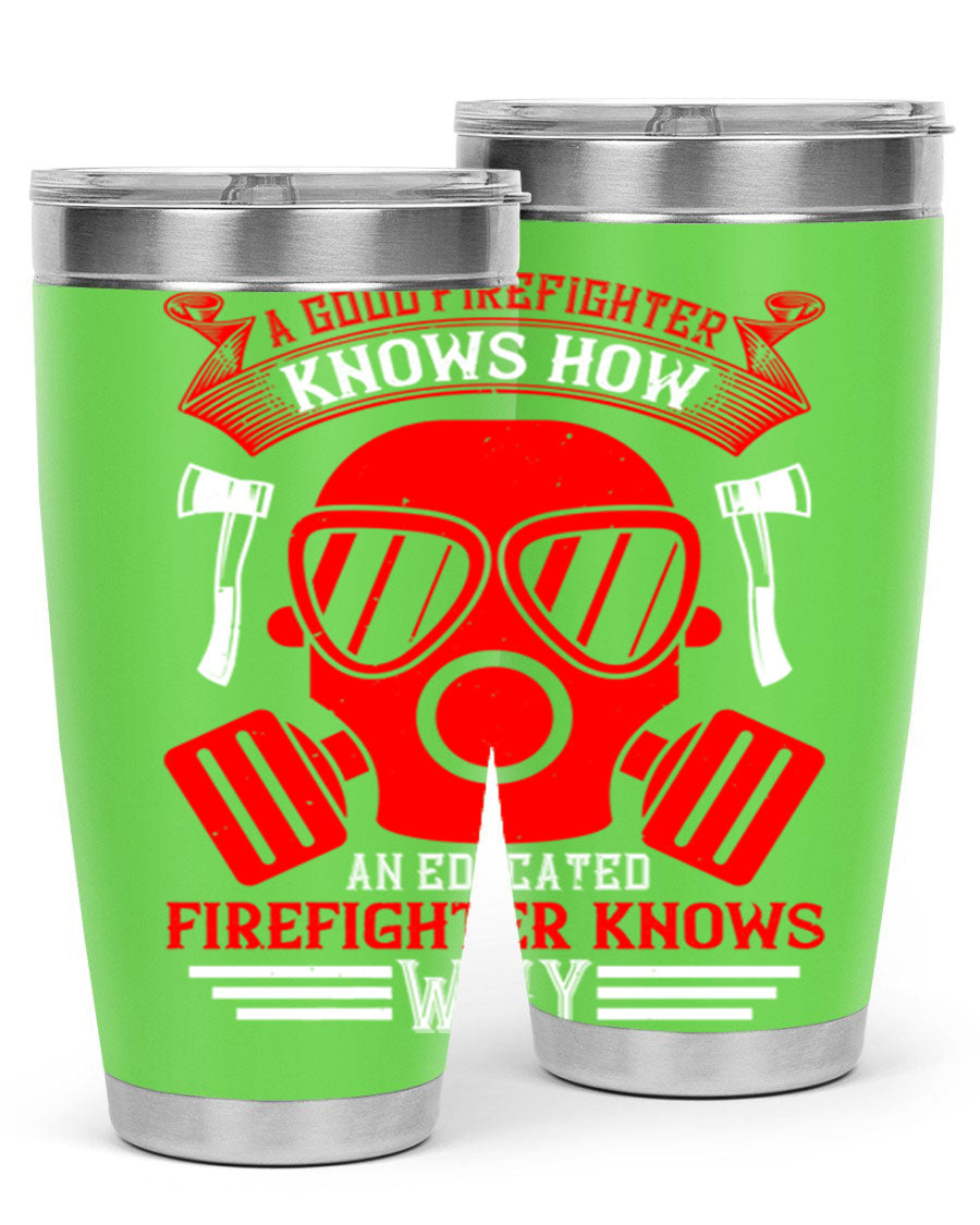 Firefighter-themed 20oz and 30oz stainless steel tumblers with double wall vacuum insulation and drink-thru lid.