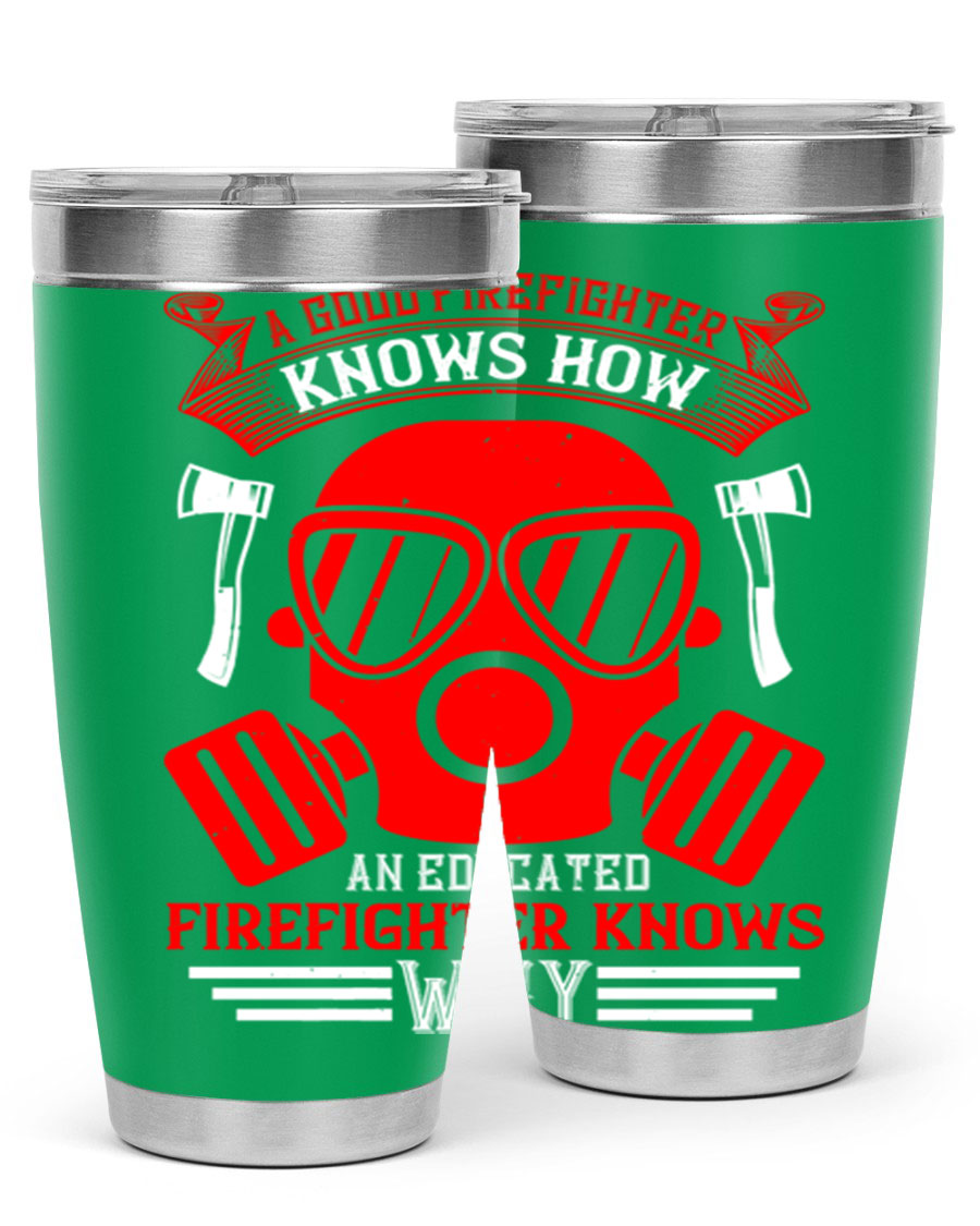 Firefighter-themed 20oz and 30oz stainless steel tumblers with double wall vacuum insulation and drink-thru lid.