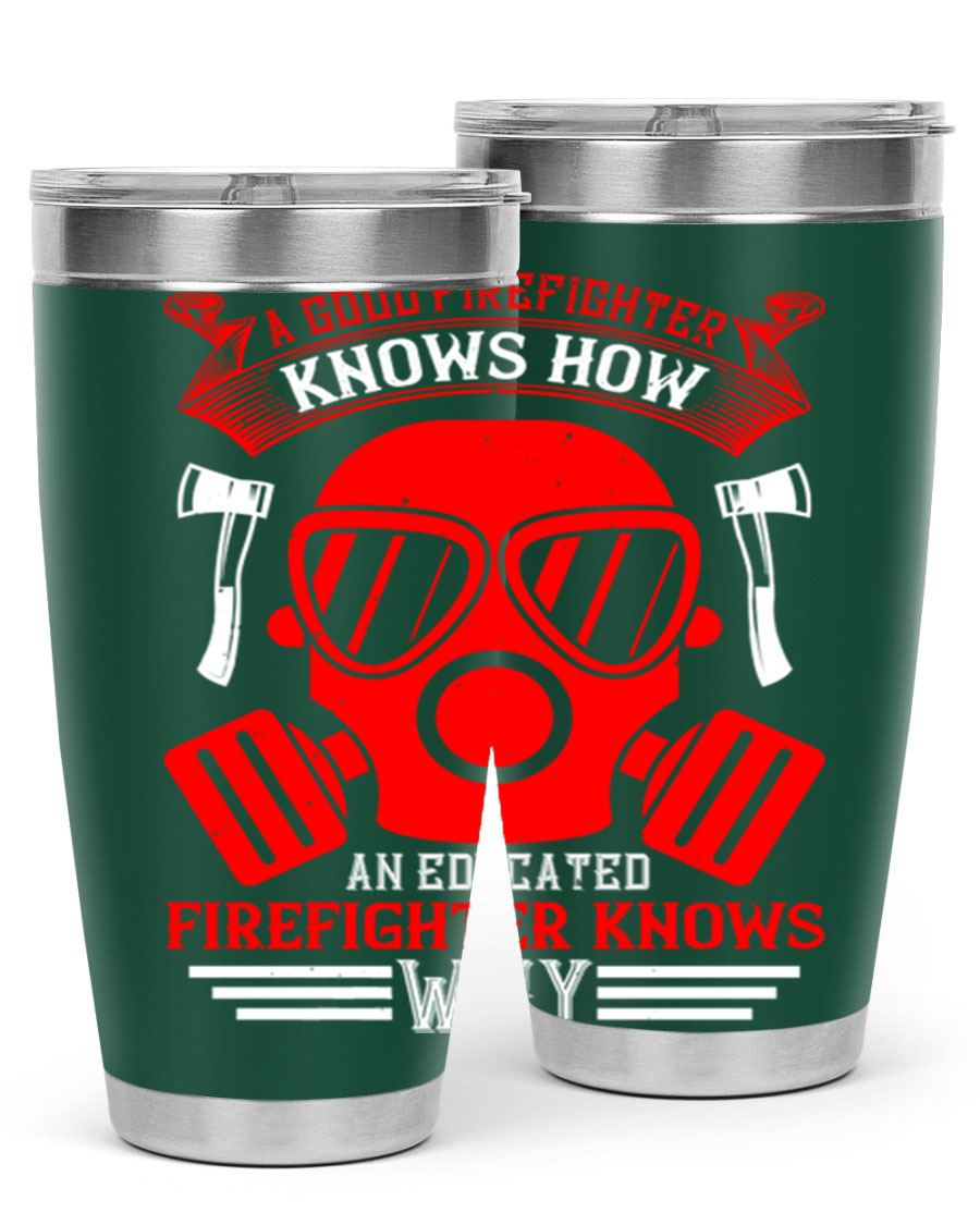 Firefighter-themed 20oz and 30oz stainless steel tumblers with double wall vacuum insulation and drink-thru lid.