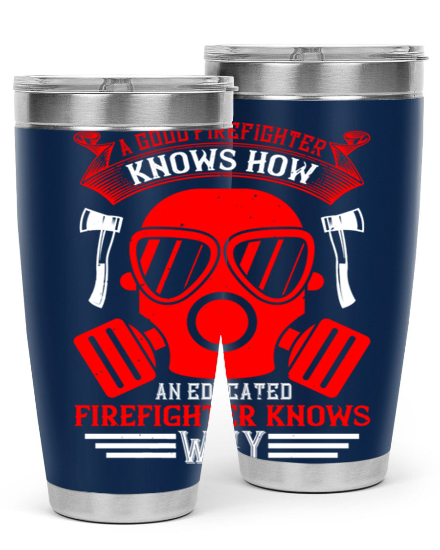 Firefighter-themed 20oz and 30oz stainless steel tumblers with double wall vacuum insulation and drink-thru lid.