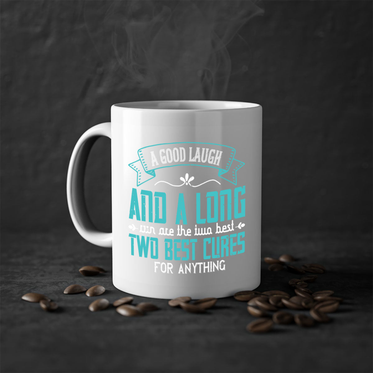 A two-tone ceramic mug with a colored handle and interior, featuring the phrase 'A Good Laugh and a Long Run Are the Two Best Cures for Anything 50#'.