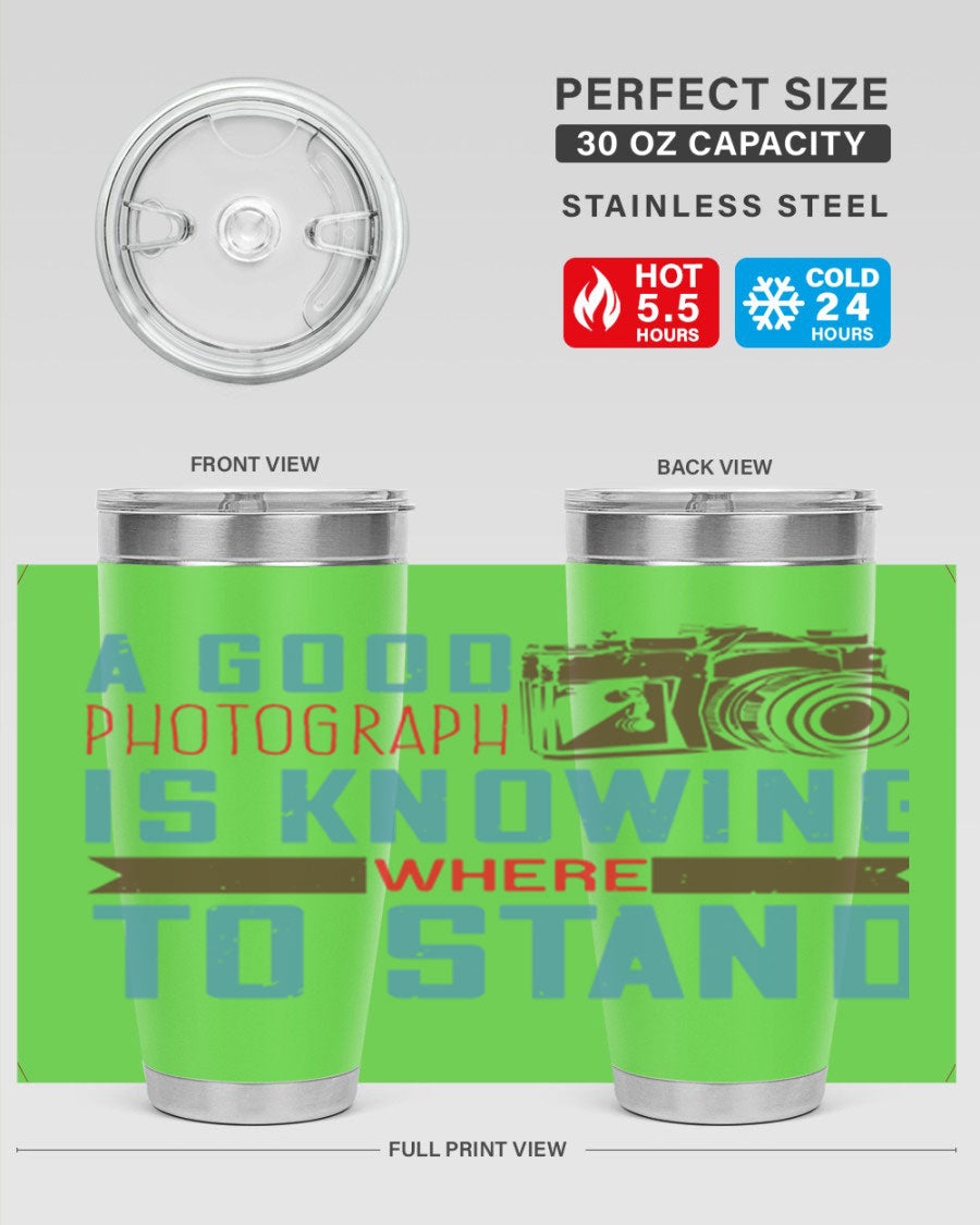 A stylish 20oz stainless steel tumbler with a photography-themed design, featuring a double wall vacuum and a drink-thru lid.