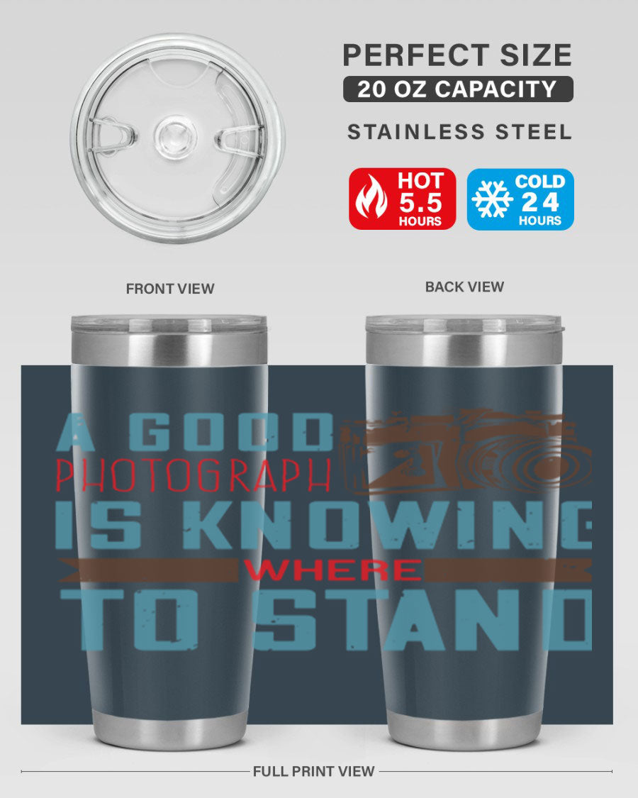 A stylish 20oz stainless steel tumbler with a photography-themed design, featuring a double wall vacuum and a drink-thru lid.