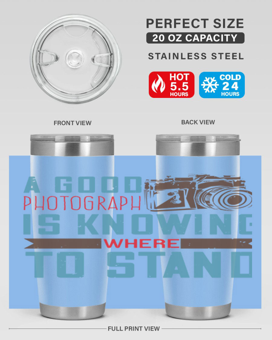 A stylish 20oz stainless steel tumbler with a photography-themed design, featuring a double wall vacuum and a drink-thru lid.
