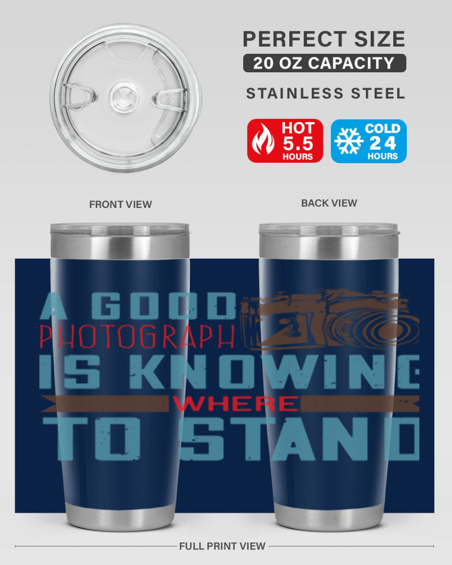 A stylish 20oz stainless steel tumbler with a photography-themed design, featuring a double wall vacuum and a drink-thru lid.