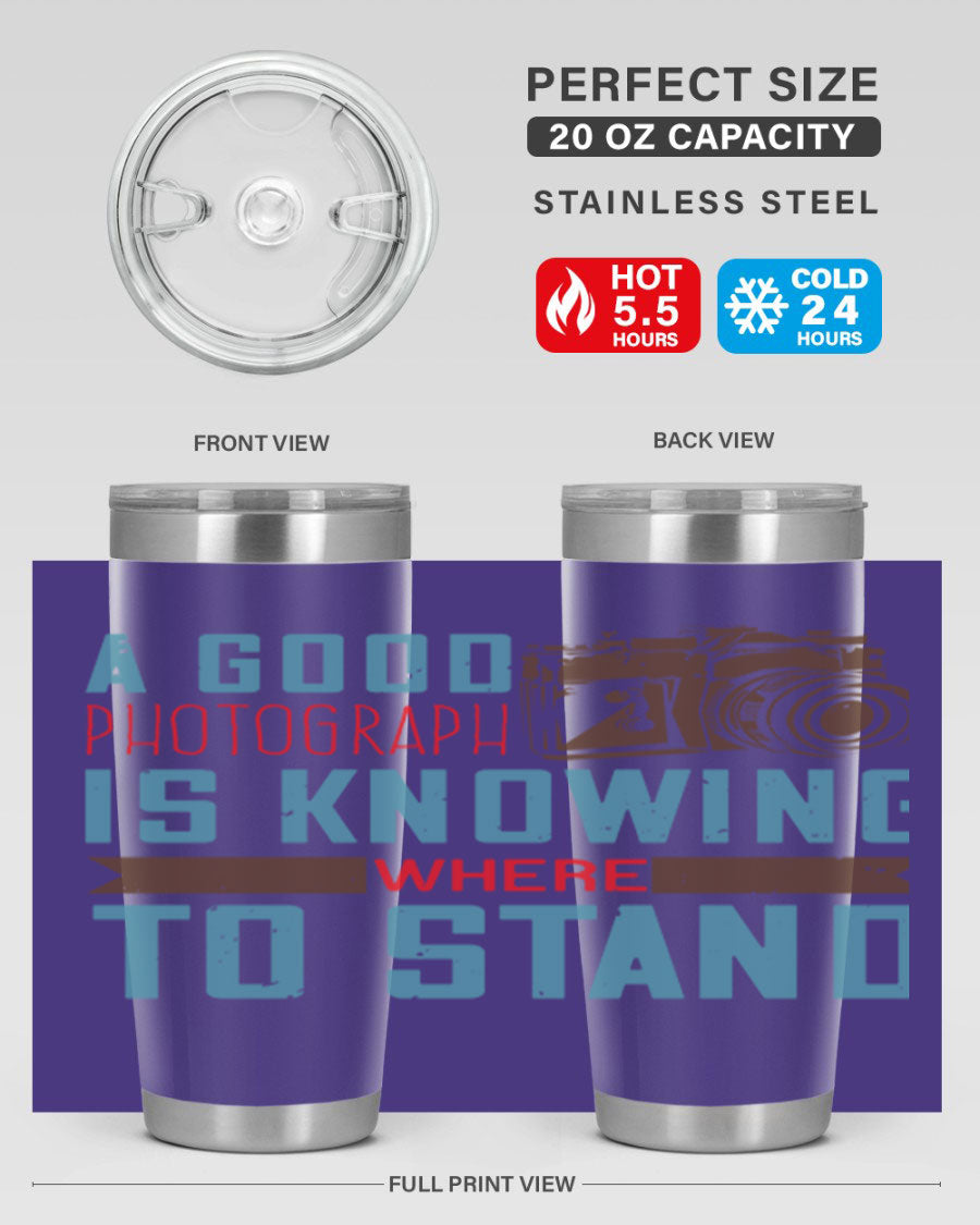 A stylish 20oz stainless steel tumbler with a photography-themed design, featuring a double wall vacuum and a drink-thru lid.