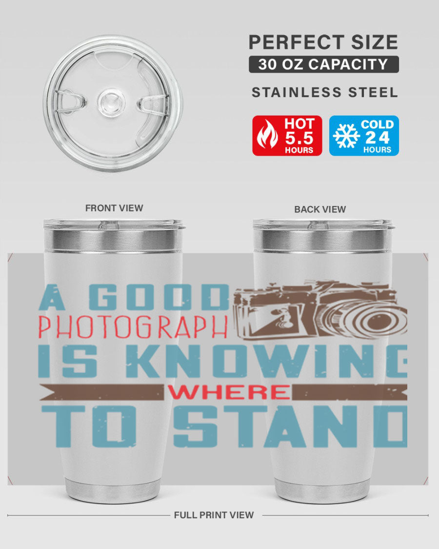 A stylish 20oz stainless steel tumbler with a photography-themed design, featuring a double wall vacuum and a drink-thru lid.