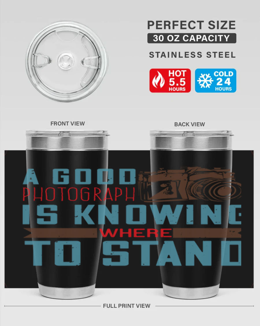 A stylish 20oz stainless steel tumbler with a photography-themed design, featuring a double wall vacuum and a drink-thru lid.