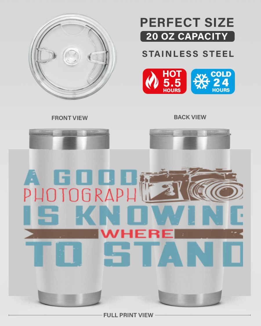 A stylish 20oz stainless steel tumbler with a photography-themed design, featuring a double wall vacuum and a drink-thru lid.